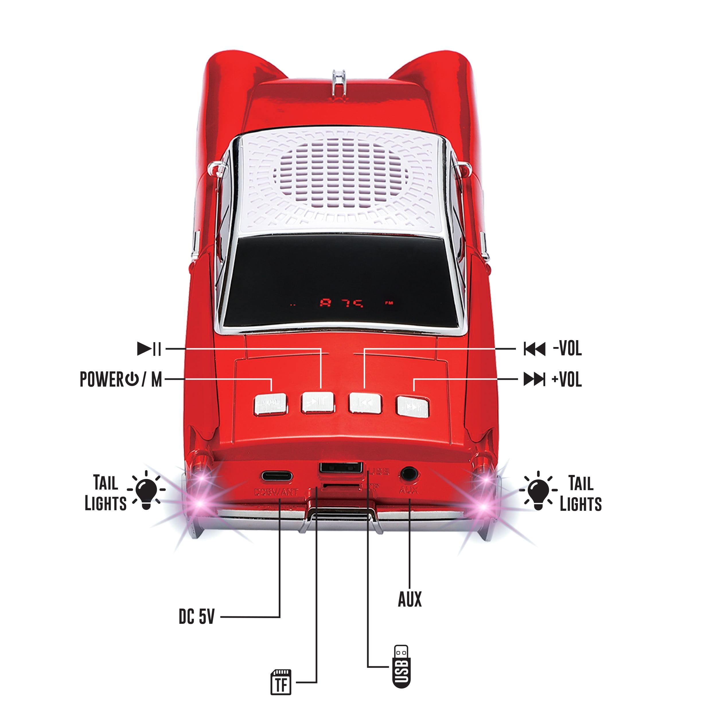 QFX Bluetooth 1959 Retro Classic Car Speaker, Dual 2-inch Speakers, Hands-Free Link, Built-in Microphone, FM Radio, and LED Party Lights, Red - BT-1959-RED