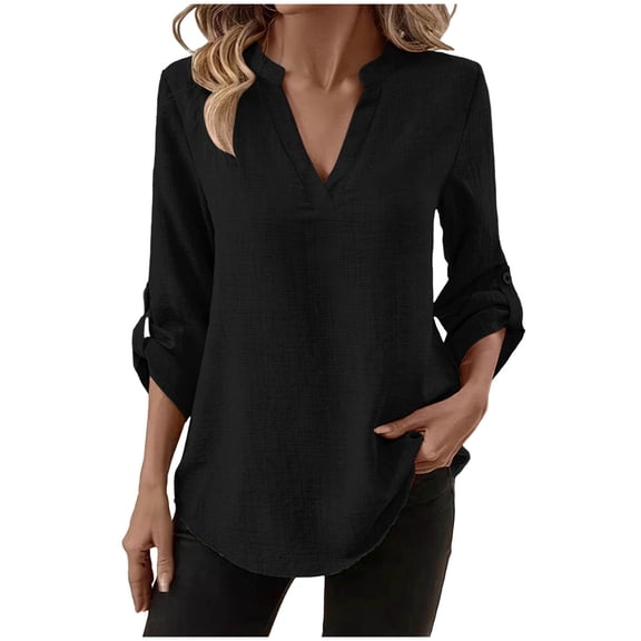 Turilly Women's V-Neck Loose T-Shirts 3/4 Sleeves Top Women's Spring And Summer 3/4 Sleeved Solid Color Short Sleeved Shirt