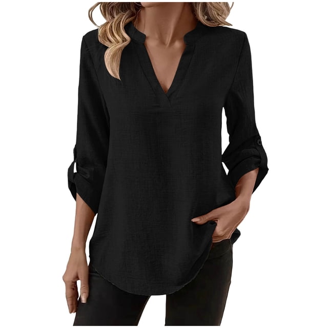 Camisas de Color Sólido para las Mujeres 3/4 Manga Manga Corta Cuello en V, Blusa Casual para Primavera Verano Diario