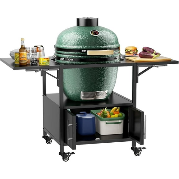 Outdoor Grill Table for Big Green Egg and Kamado Joe Jr, Metal Grill Cart with 2 Folding Panels, Heavy-Duty Casters & Waterproof Storage