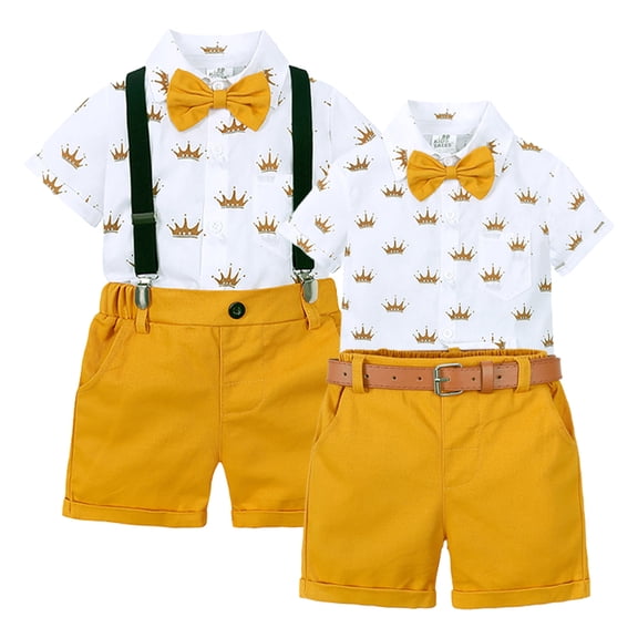 LYMAYTER Baby Boys Formal Shorts Set Toddler Summer Gentleman Outfit Infant Short Sleeve Bowtie Shirt Suspender Shorts Suit 9M-7Y