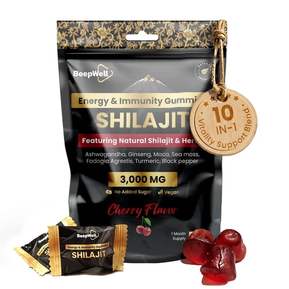 BeepWell Himalayan Shilajit Gummies with Ashwagandha – Natural Resin Blend with Fulvic Acid & Trace Minerals – No Added Sugar – Individually Wrapped – For Men & Women – 60 Gummies