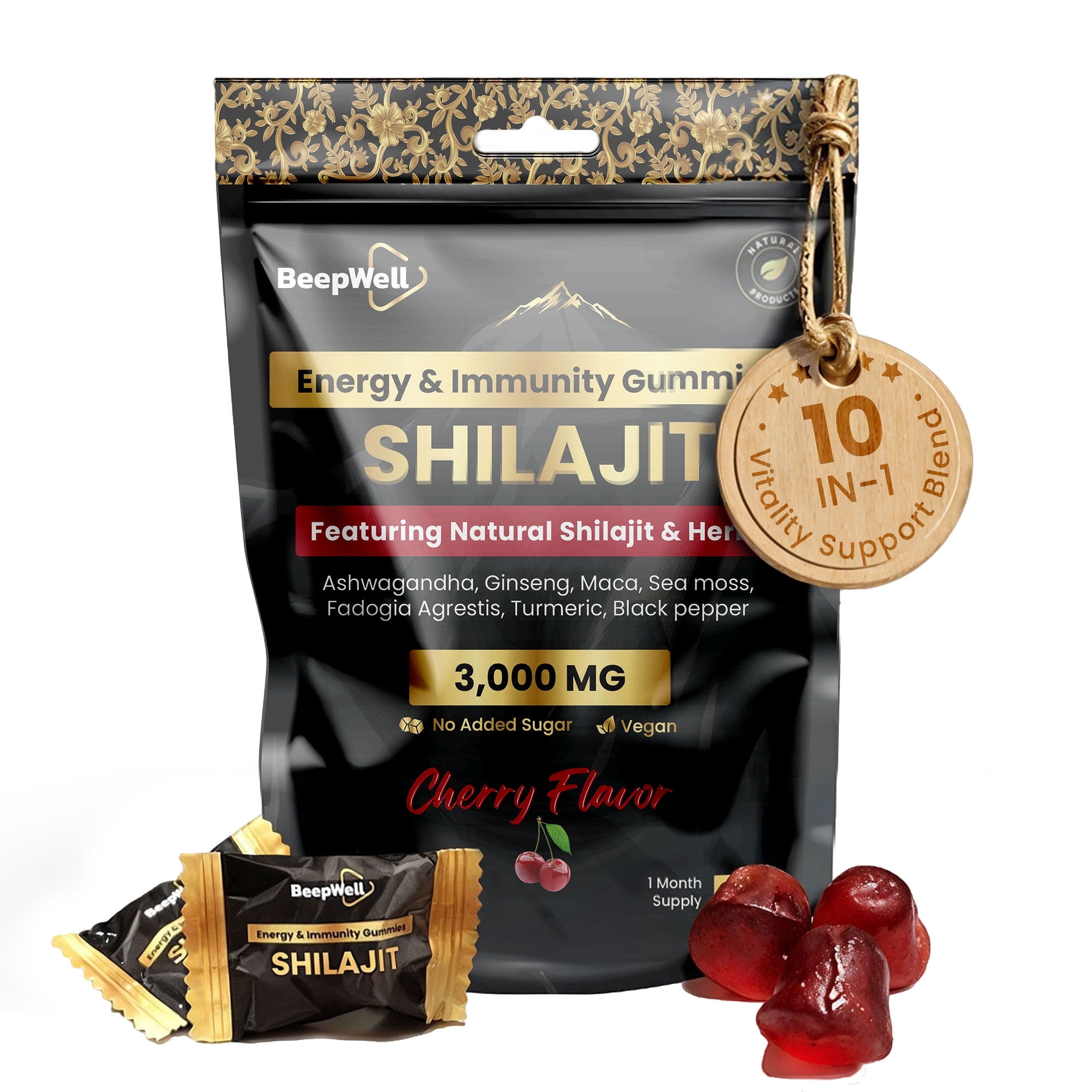 BeepWell Himalayan Shilajit Gummies with Ashwagandha – Natural Resin Blend with Fulvic Acid & Trace Minerals – No Added Sugar – Individually Wrapped – For Men & Women – 60 Gummies