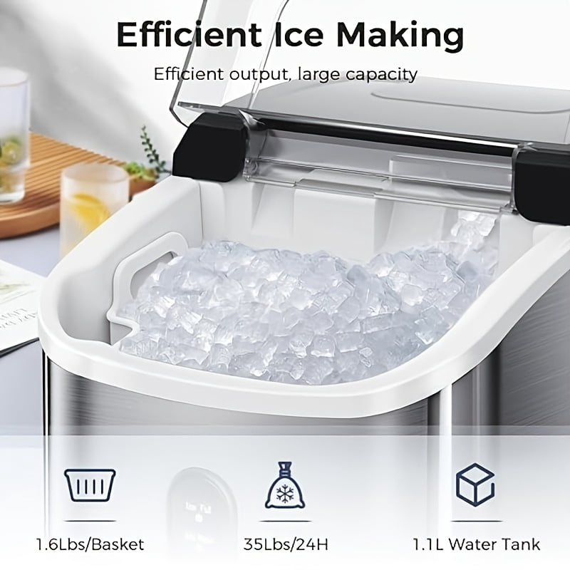 Countertop Ice Maker, 26 Lbs/24H Bullet Ice or 35 Lbs/24H Nugget Ice, Soft Chewable Pebble Ice, Portable Stainless Steel Silver Ice Machine