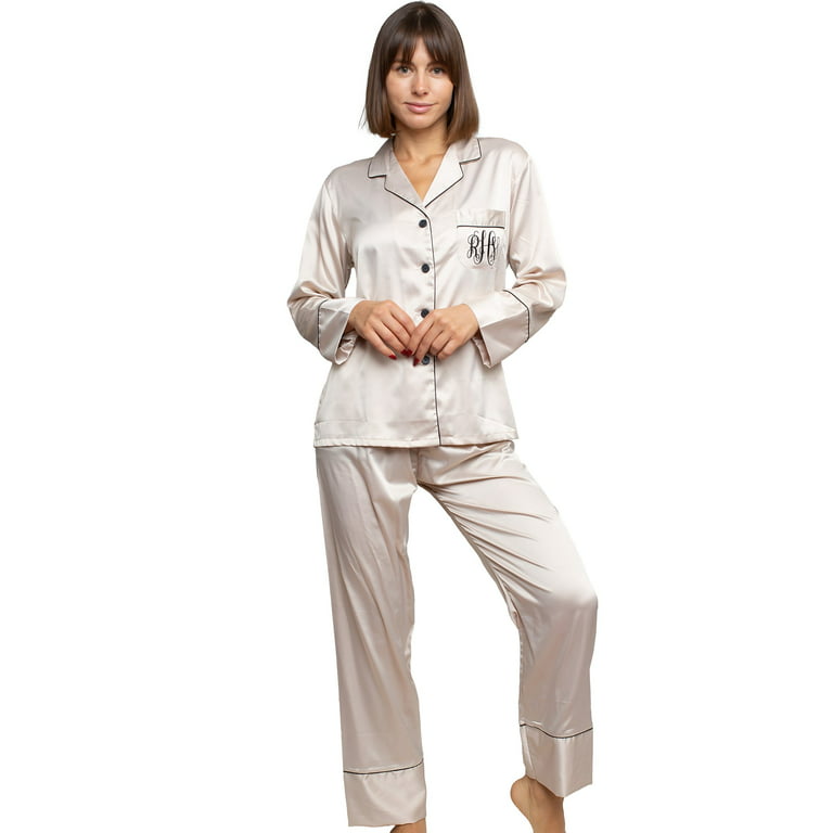 Belle's Design Women's Long Silk Satin Pajama Set with Pants