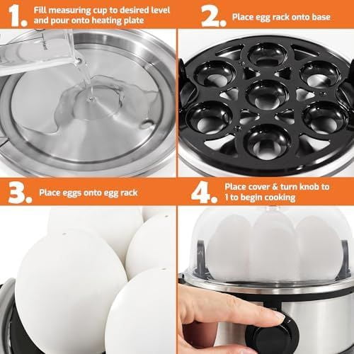 EGC724SS Easy Electric Poacher, Omelet Eggs & Soft, Medium, Hard-Boiled Egg Boiler Cooker with Auto Shut-Off and Buzzer, Measuring Cup Included, BPA Free, 7, Stainless Steel