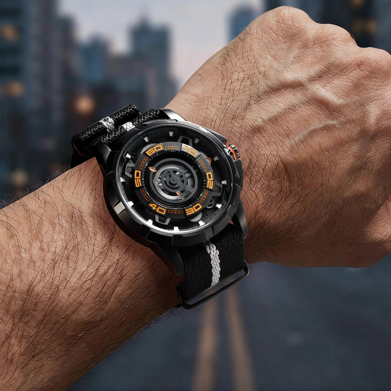BERNY Mens Skeleton Automatic Watch, Luxury Fashion Self Winding Mechanical Watch with Nylon Strap, Exhibition Caseback, Sapphire Crystal, Luminous 50M Waterproof Watches for Mens Gifts (Black)