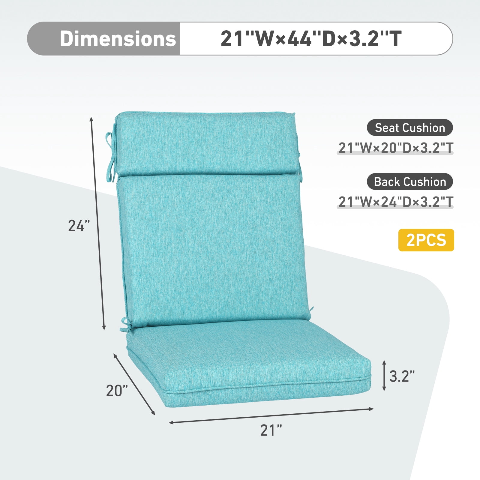 BPS Outdoor High Back Dining Chair Cushion Set with Ties and Zipper, 44"x21"x3.2", Water Repellent and Stain Resistant, Teal, Set of 2