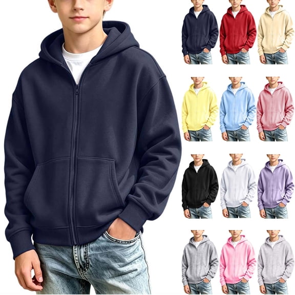 ZBSOKO Boys Zip Up Hoodie Long Sleeve Solid Color Sweatshirts Loose Fit Casual Sweatshirt with Pocket Basic Everyday Wear 4-15 Years