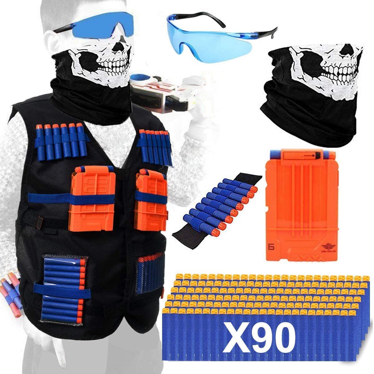 All in One Nerf Tactical Vest Guns War Game Kit W/ Foam Darts Mask and Glasses 