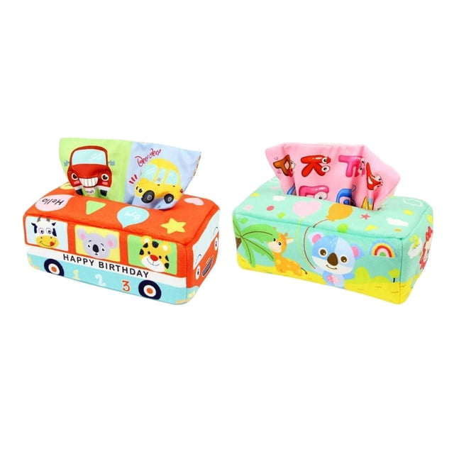 2x Caja de pañuelos de peluche para bebés Juguete sensorial para niños Niños recién nacidos