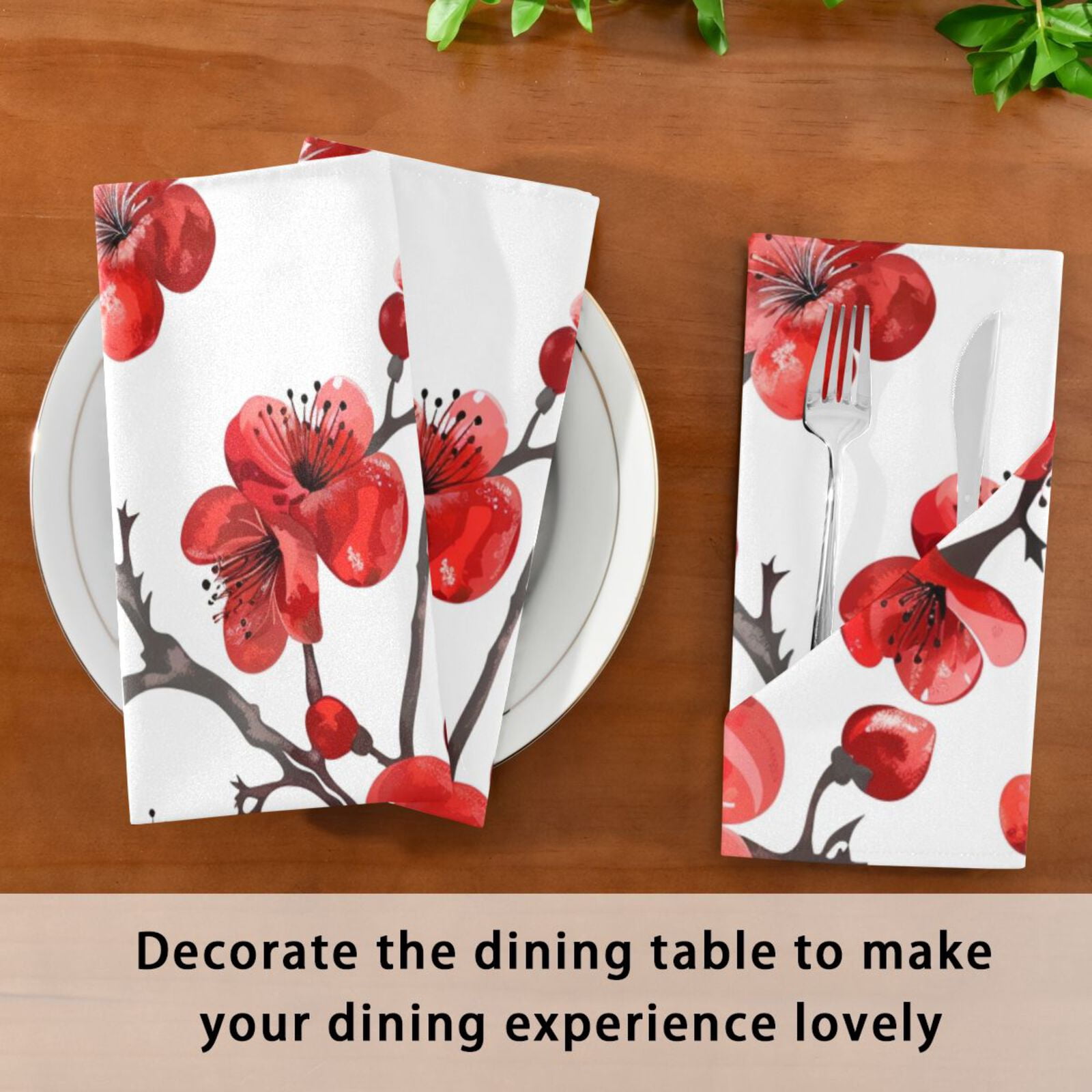 JSTEL Red Cherry Blossom Flower Cloth Napkins Set of 6, 20x20 Inch Washable and Reusable Napkin for Decoupage Dinner Party Everyday Use