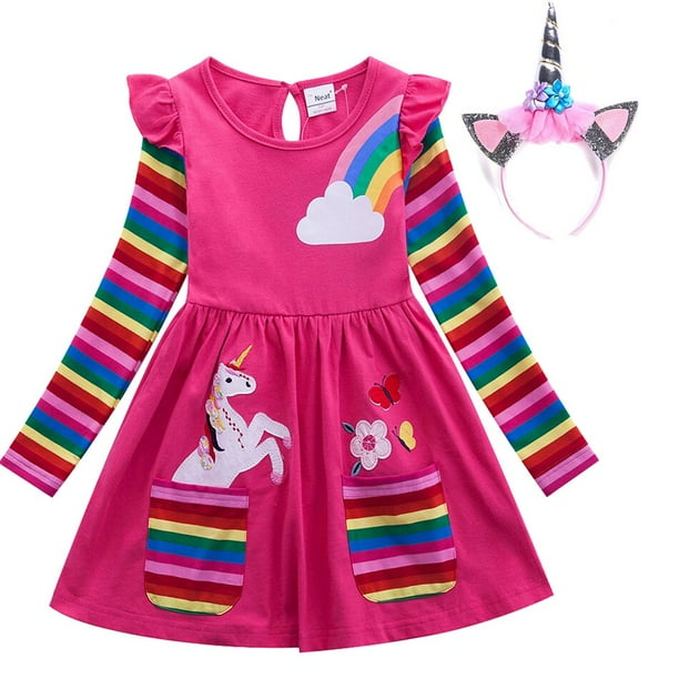 Navidad niñas unicornio mariposa bordado Arco Iris manga larga vestido primavera otoño disfraz con bolsillo cumpleaños fiesta ropa 6-7Y Gao Jinjia LED
