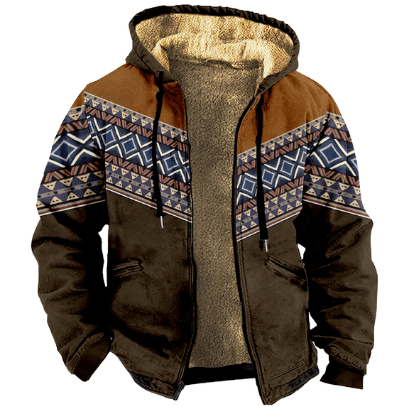 Men's Winter Print Hooded Jacket, Plaid Ethnic Pattern Fleece-Lined Thick Casual Zipper Coat for Outdoor Leisure and Holiday Gift,Brown,M