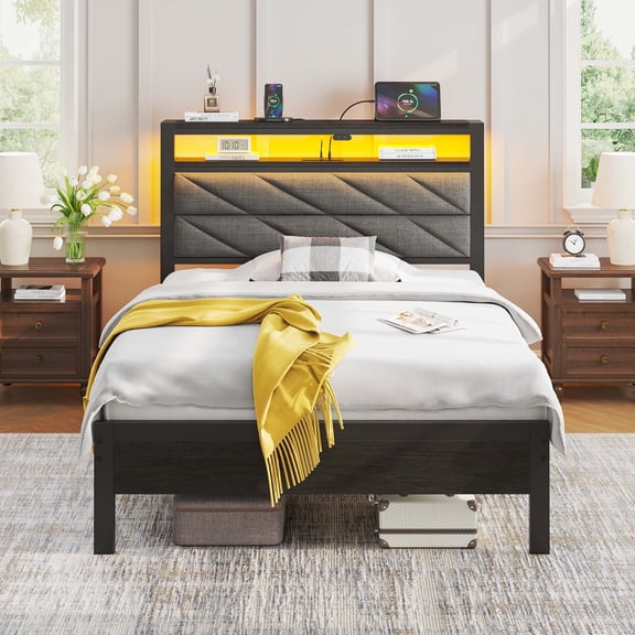 Greenstell Twin LED Bed Frame with Headboard Storage - Charging Station, Dark Gray