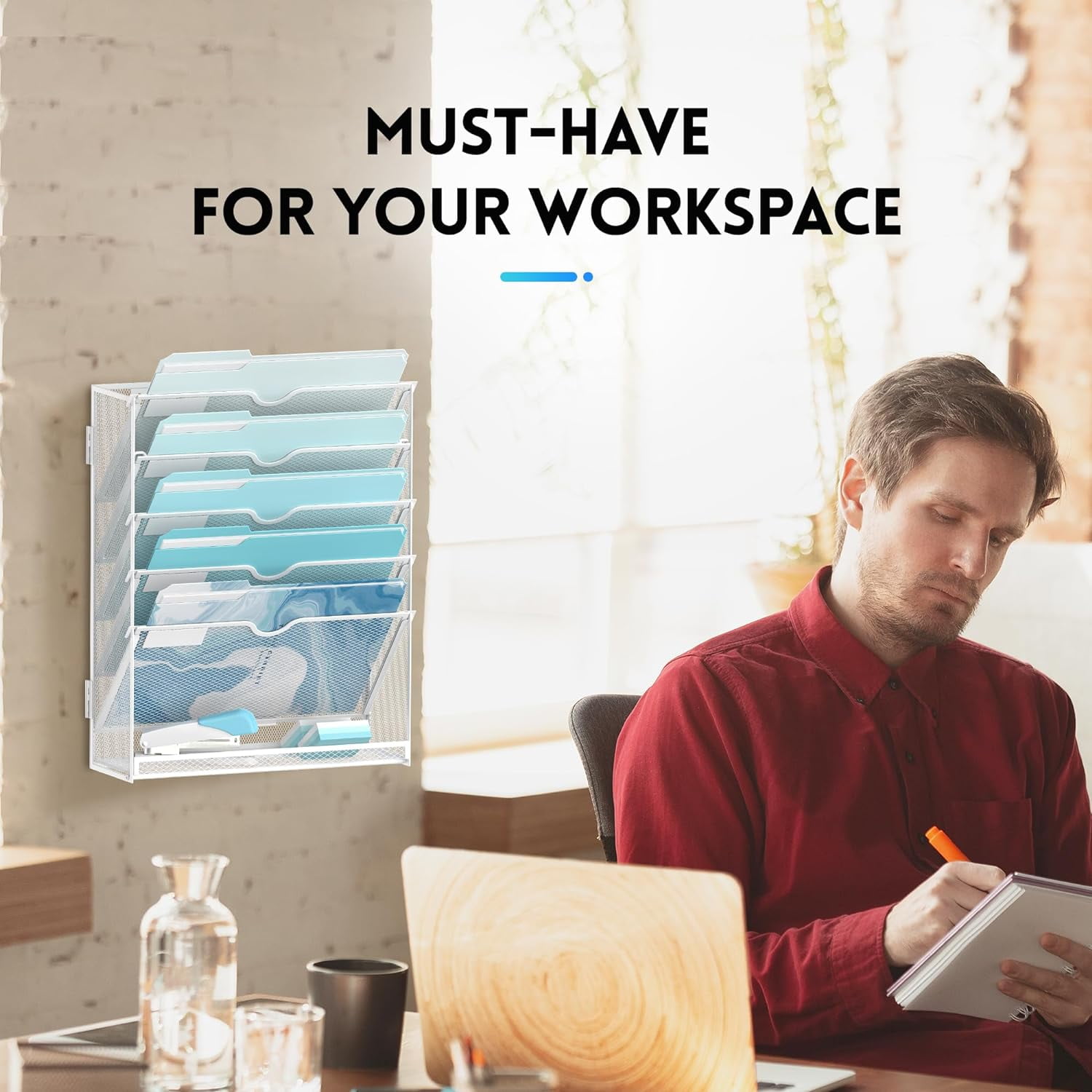 INTIGE 6-Tier Metal Wall File Organizer, Wall Mounted Paper Organizer, White, Assemble