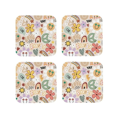 

Leather Coasters Set of 4 - flowers rainbow peace sign Lightweight Non-Slip Drink Coasters for Desk Anti-Scalding Desk Cup Coasters for Office Table Decor Square