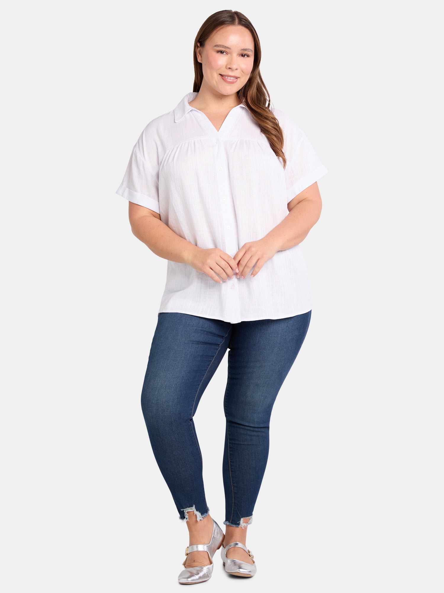 Terra & Sky Women's Plus Size Camp Shirt with Short Sleeves, Sizes, 0X-4X