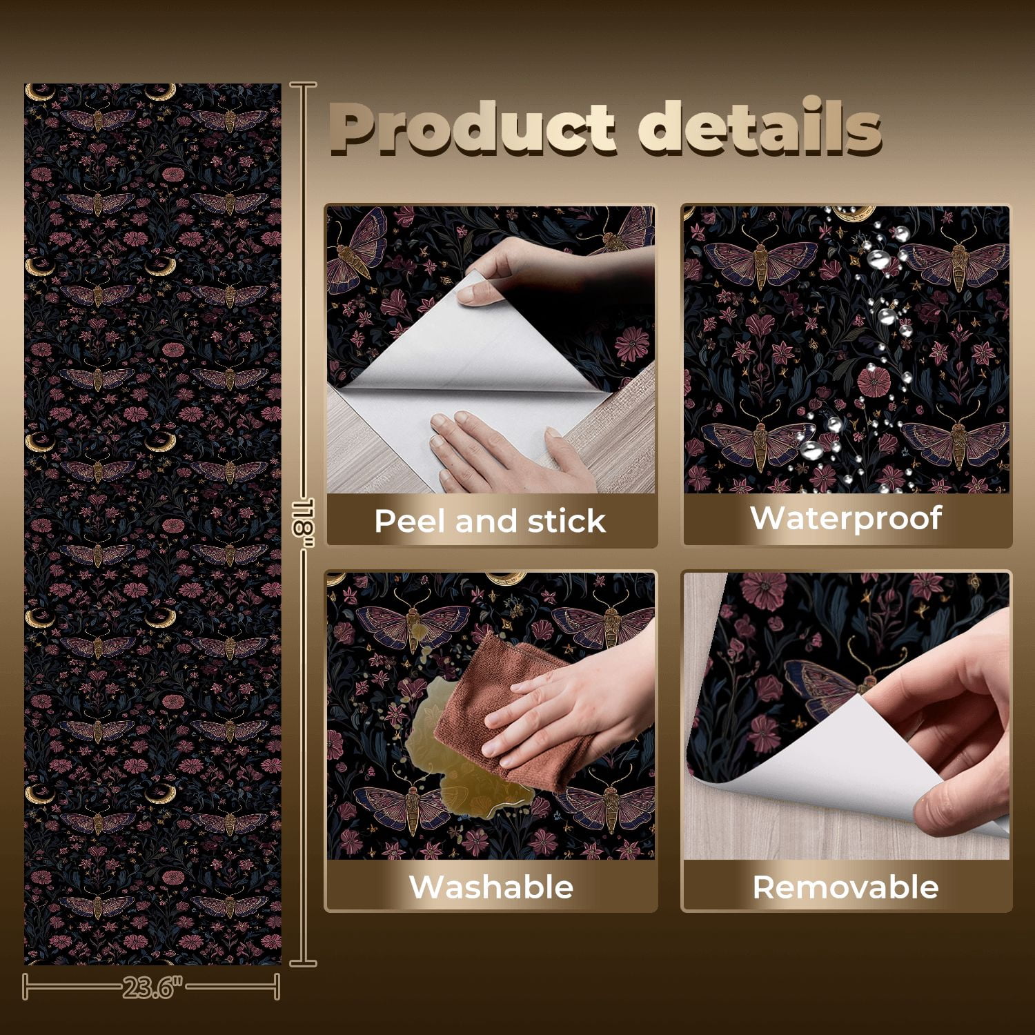 Peel and Stick Wallpaper Baroque Butterflies Floral Dark Wall Mural 23.6in x 9.8ft Self Adhesive Removable Wall Paper Renter Friendly Wallpaper for Nursery Bedroom Cabinets