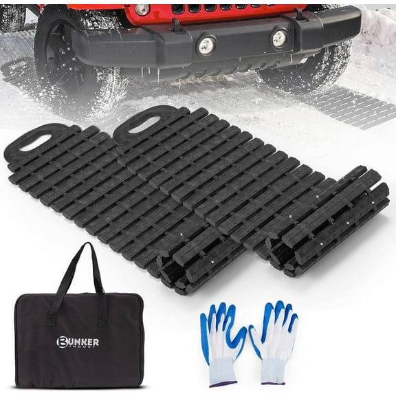 BUNKER INDUST Tire Traction Mats, Portable Recovery Tracks for Off-Road 4x4, Snow, Ice, Sand, Emergency Devices, Includes Bag & Gloves, 2 Pack
