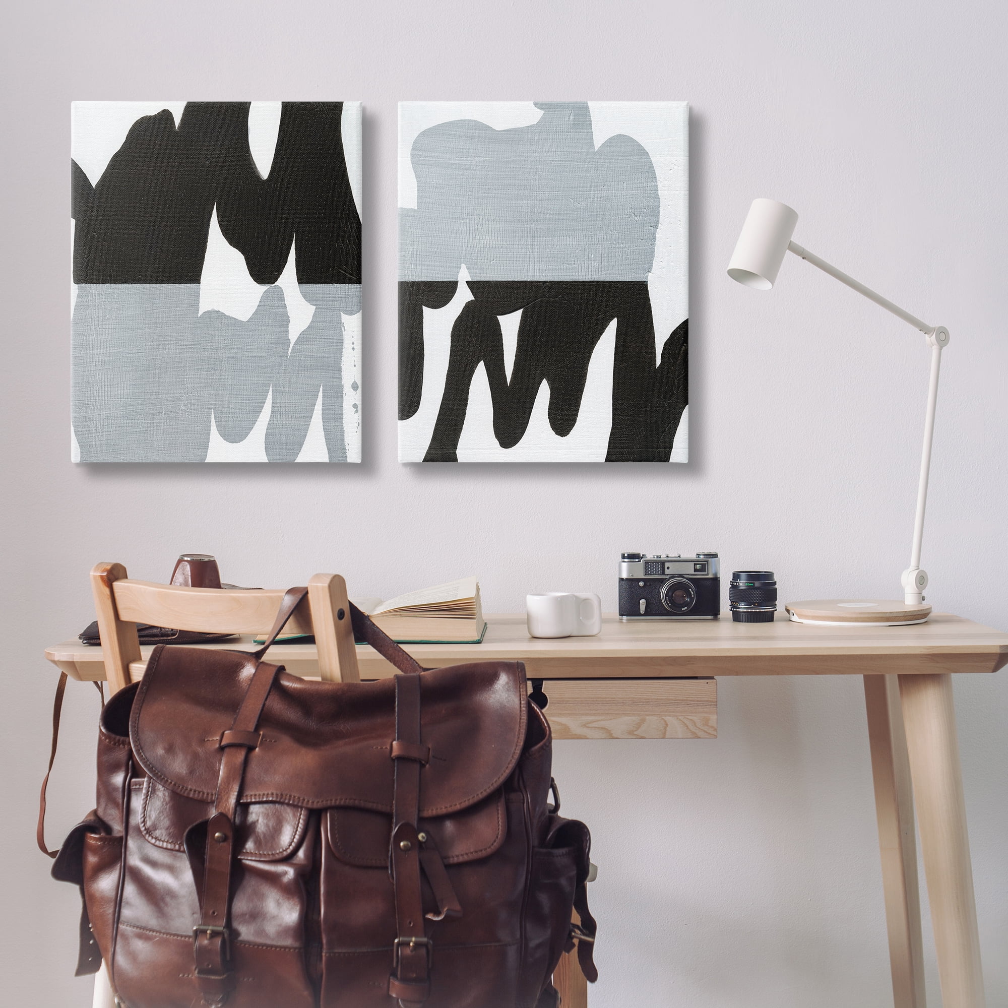 Stupell Industries Veiled Black and White Abstract Abstract Painting Wrapped Canvas Art Print Wall Art, 24 x 30, Set of 2