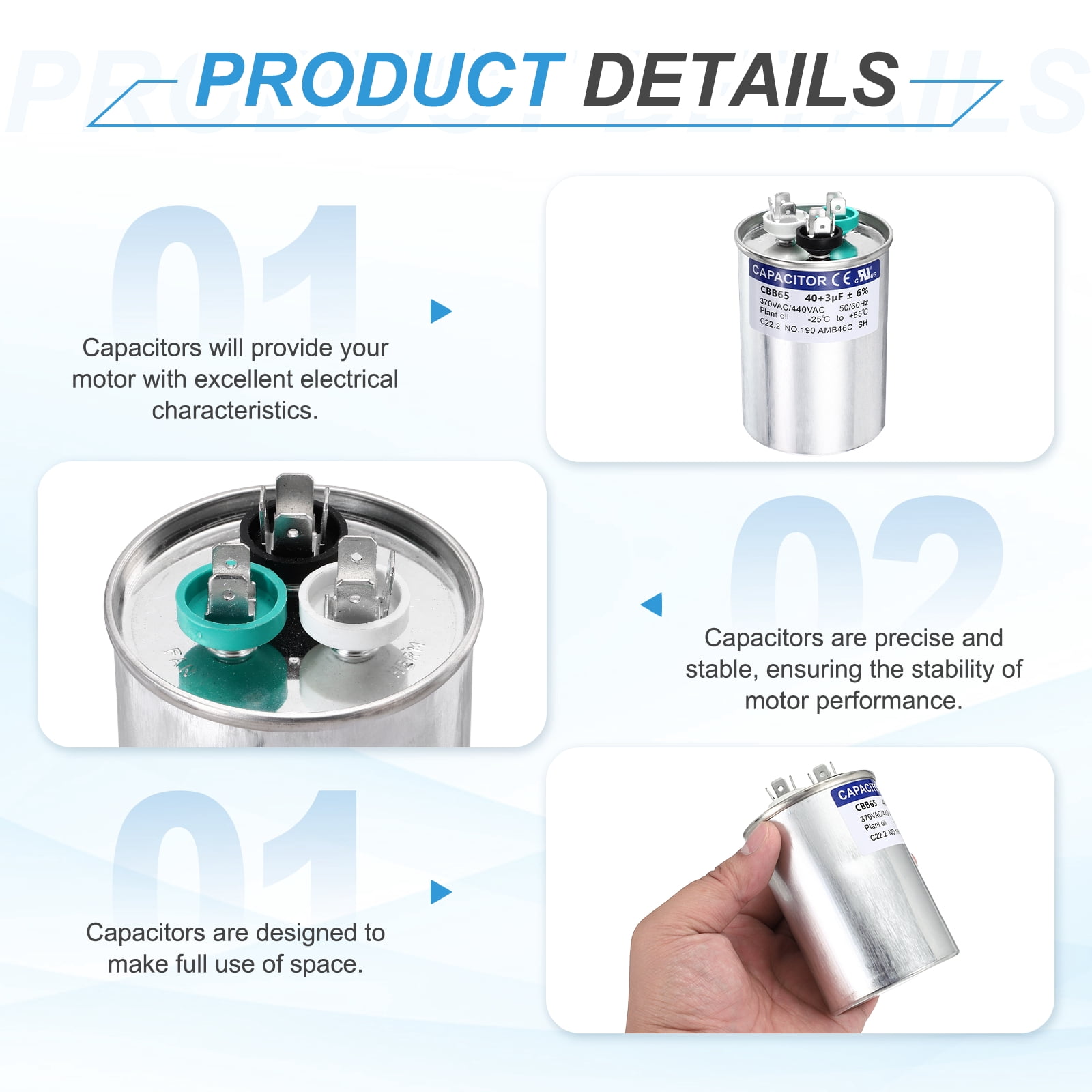 Uxcell 2Pcs 40+3 MFD CBB65 Run Start Capacitor 40+3 uF, 370/440V Round AC Capacitor for AC Motor Run, HVAC, Air Conditioner, Condenser Motors