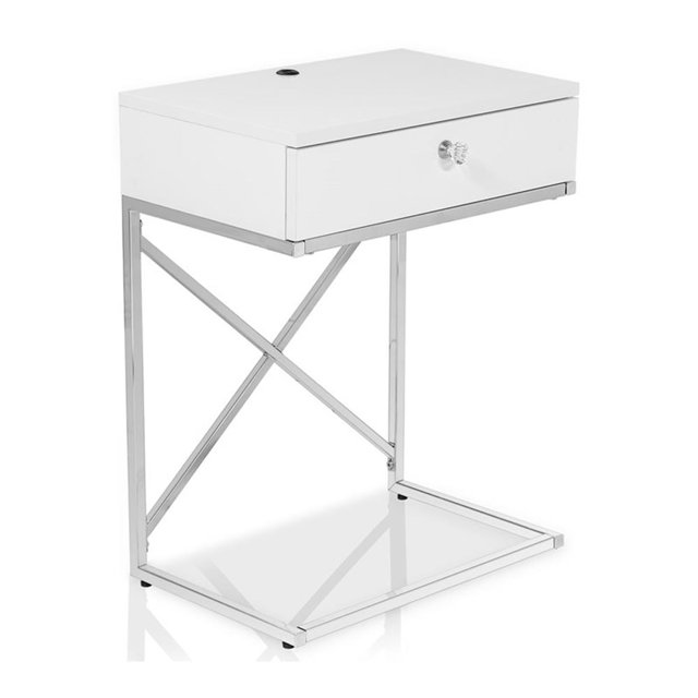 Bowery Hill Table d'Appoint Moderne en Métal à 1 Tiroir, Blanc Lustré/chrome