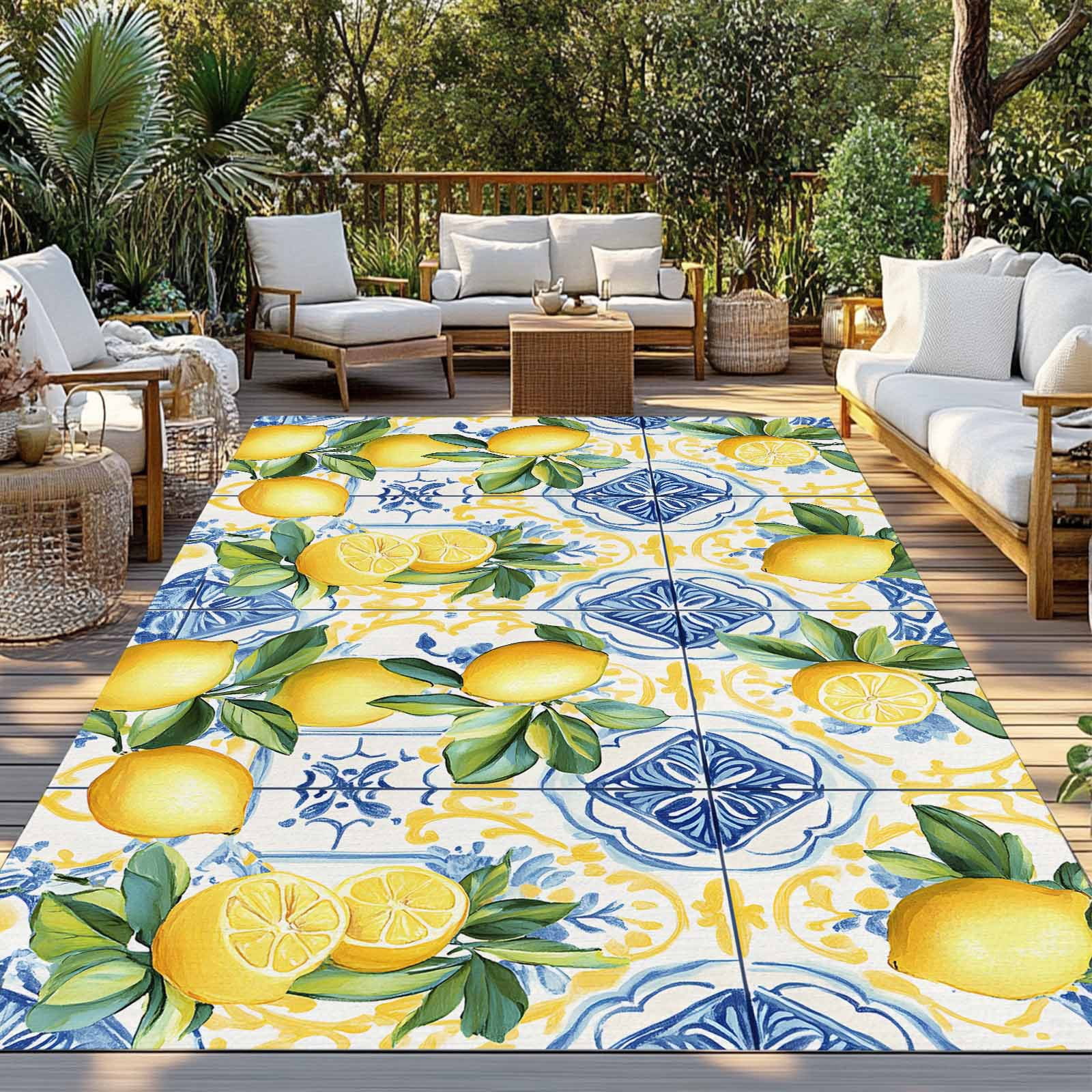 Fsddascl Botanical Lemon Outdoor Rug for Patio/Deck/Porch, Non-Slip Large Area Rug 4 x 6 Ft, Spring Countryside Floral Blue Tile Indoor Outdoor Rugs Washable Area Rugs, Reversible Camping Rug Carpet