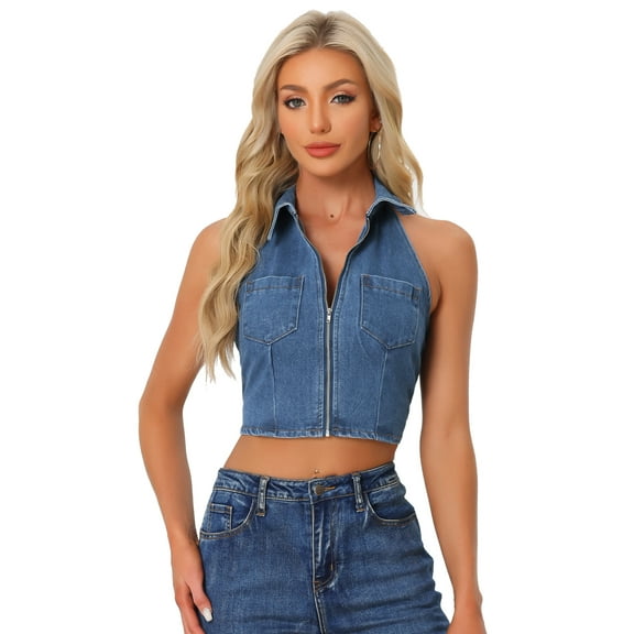 Unique Bargains Women's Halter Denim Top Zipper Up Collared Sleeveless Jean Corset XS Blue