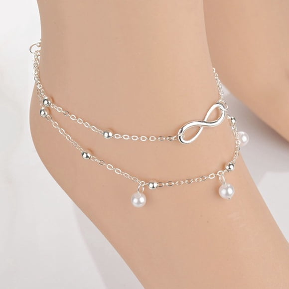 Cadena de Pie de Tobillera de Playa para Mujeres y Niñas Pulsera de Perlas Cadena de Pie de Playa Multicapa - Plata-8 Tipo