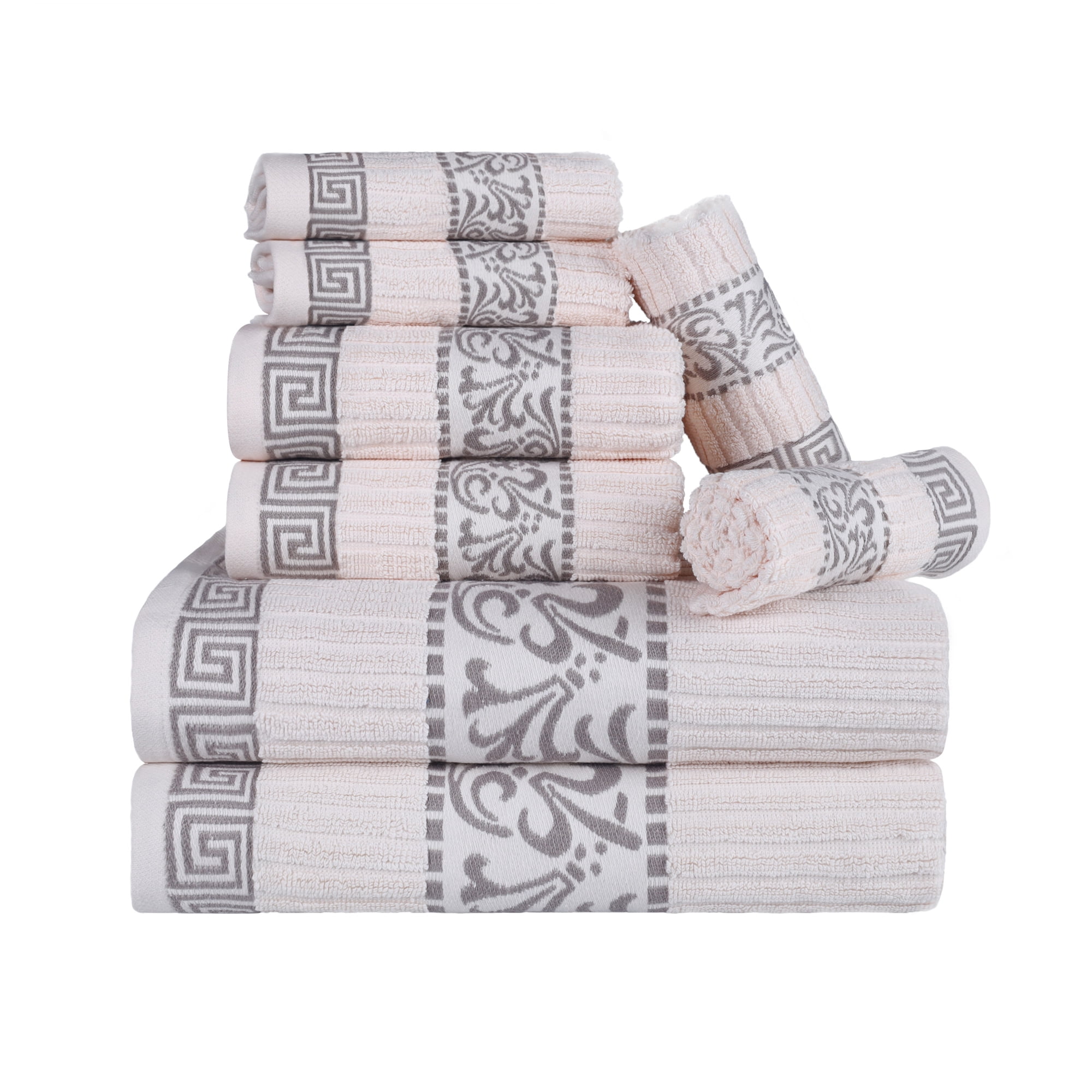 Decorative Assorted 8-Piece Cotton Luxury Bath Towel Set for Bathroom, 13" x 13”, 16” x 30”, 30” x 52”, Ivory-Chrome by Blue Nile Mills