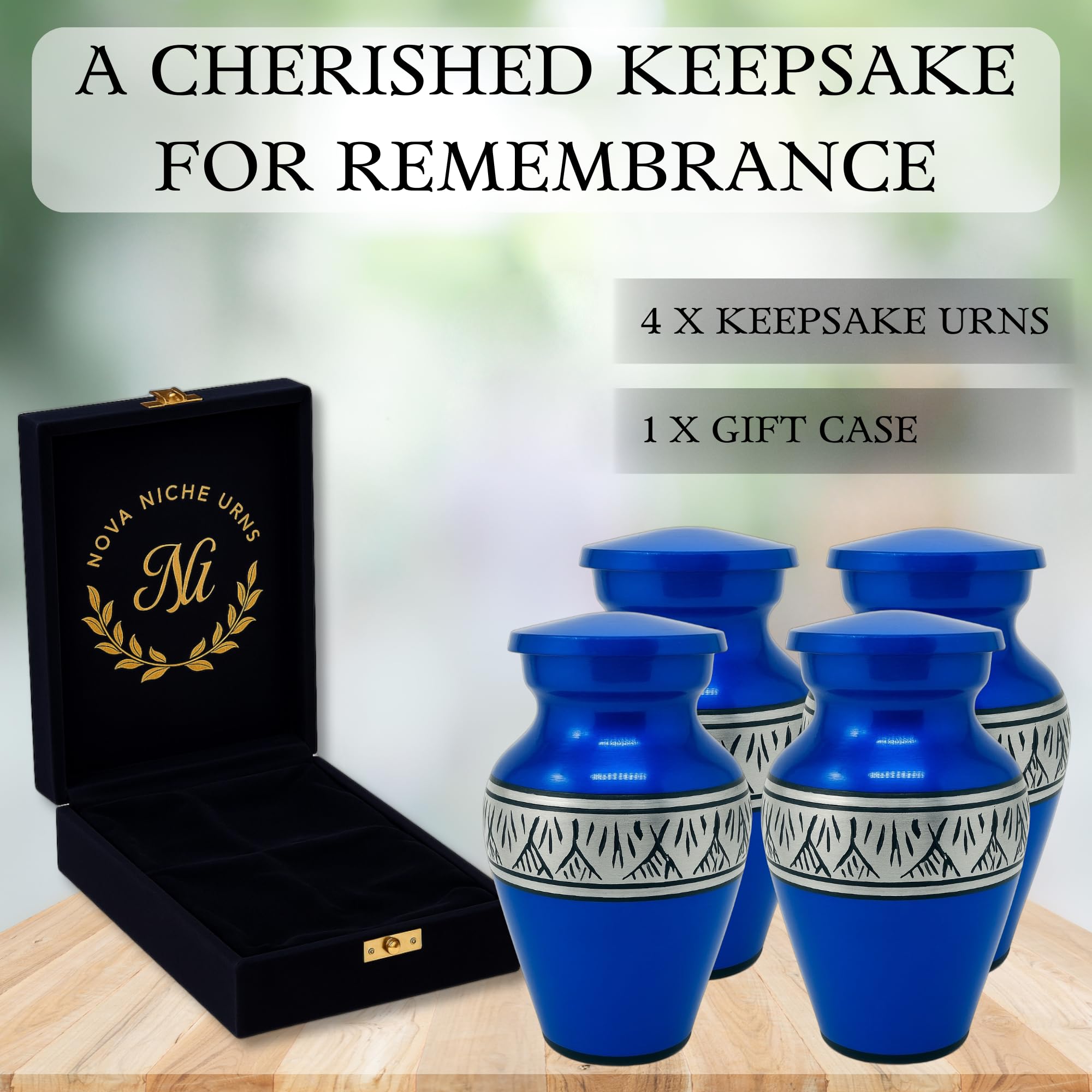 Nova Niche Small Royal Blue Aluminium Cremation Urns for Human Ashes – Mini Memorial Keepsake Set of 4 with Velvet Case