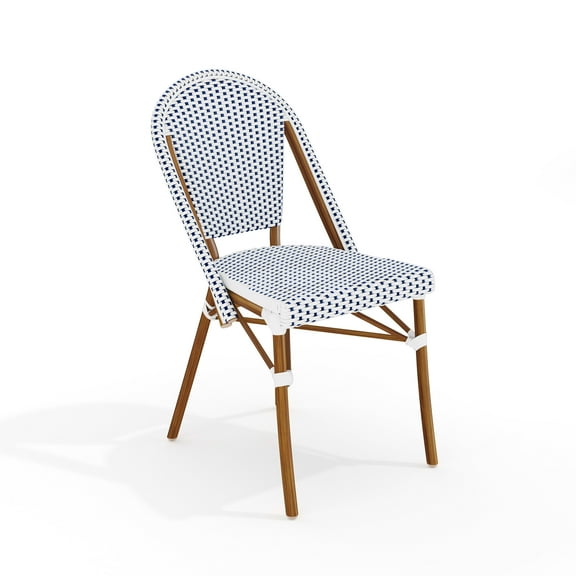 Martha Stewart Indoor-Outdoor Stackable Bistro Chair with Natural Woodgrain Aluminum Finish Frame and White/Navy Woven Rattan Back and Seat