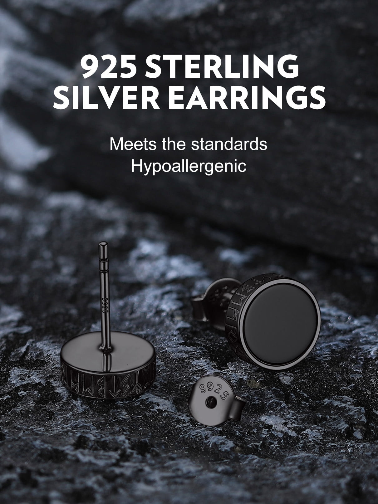 Bandmax Black S925 Silver Stud Earrings for Men Women Natural Black Onxy with Viking Rune Ear Studs Gift for Father's Day Christmas Valentines