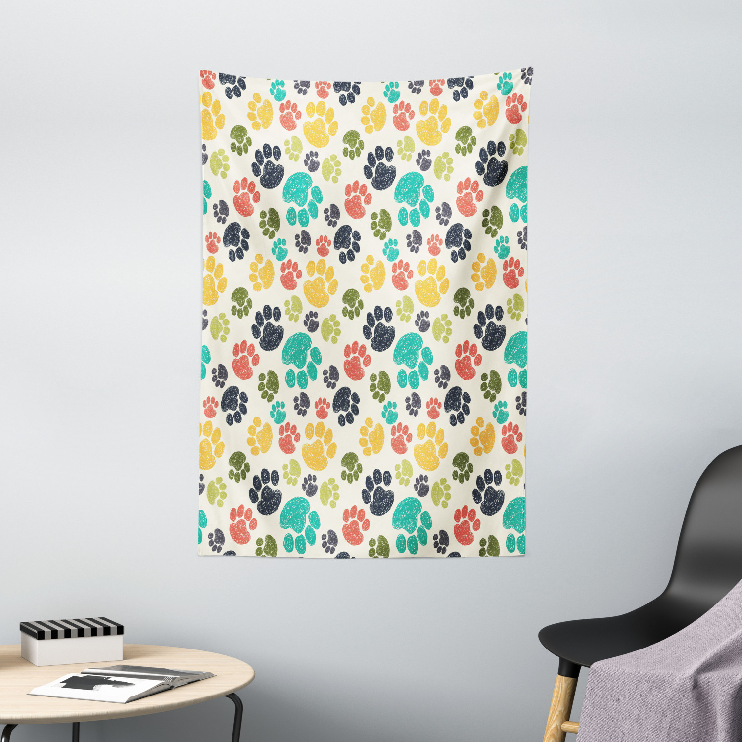 Dog Lover Tapestry, Cute Hand Drawn Paw Print Doodles Circular Pattern ...