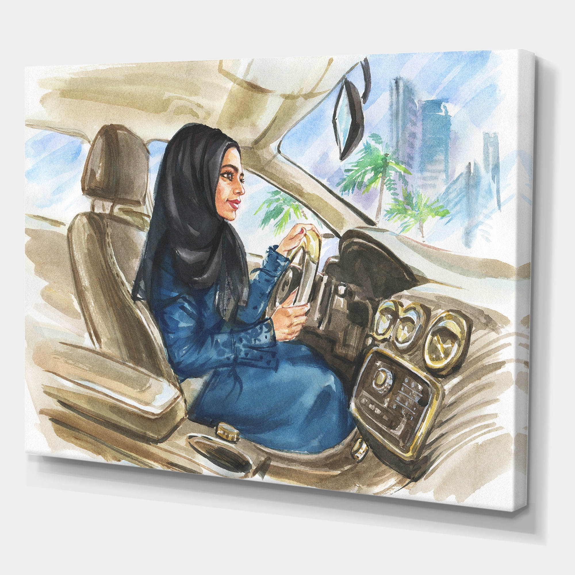Designart ' Arabian Lady Driving A Car I ' Modern Canvas Wall Art Print