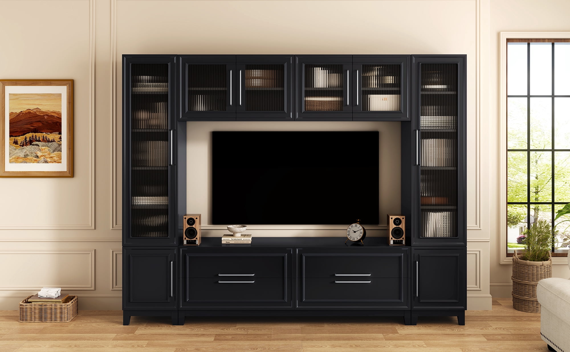 Euroco 102" W Wall Unit Modern Entertainment Center with Glass Doors for TVs up to 75", Large Minimalist TV Stand Media Console with Drawers for Living Room