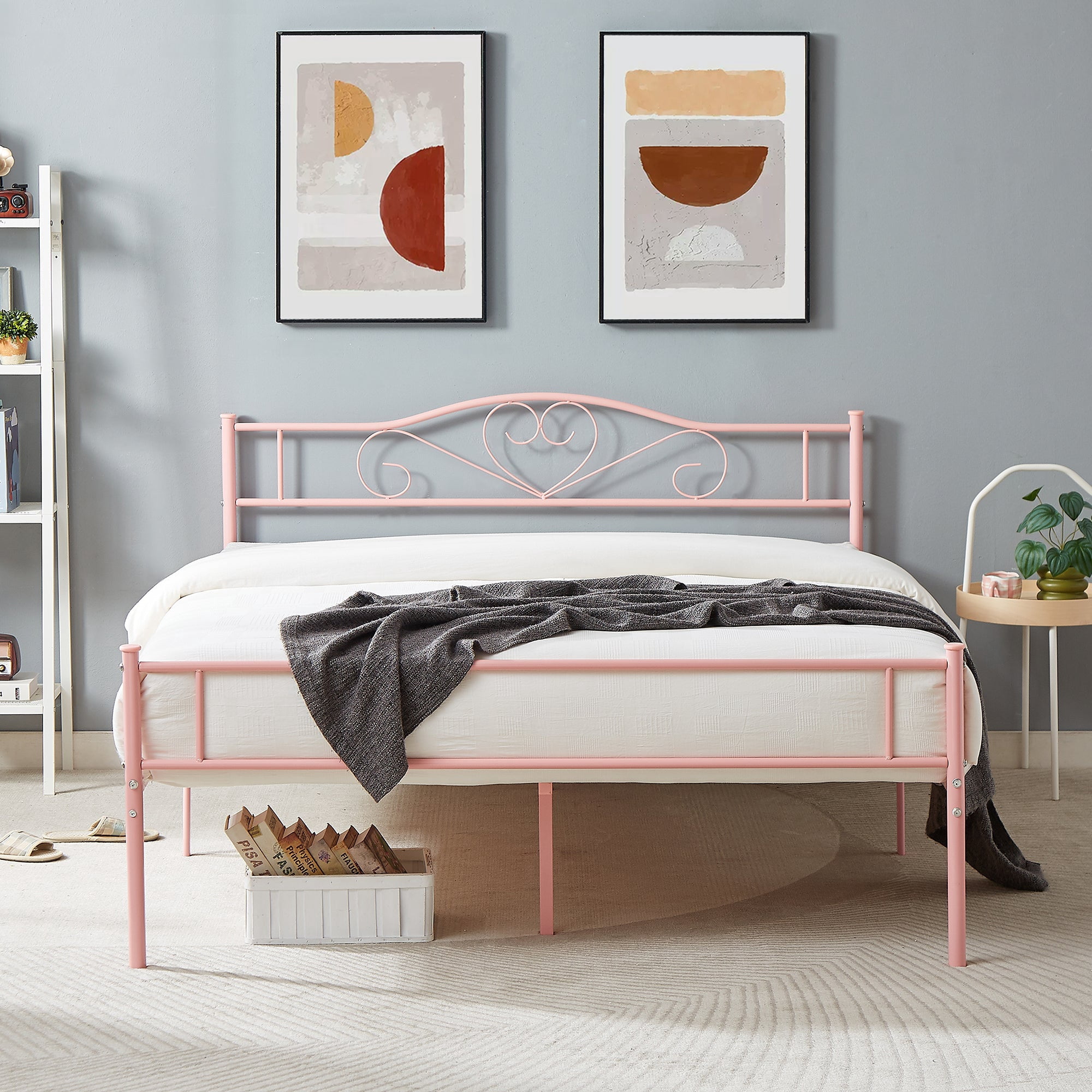 14 Inch Queen Size Metal Platform Bed Frame with Headboard and Footboard, Heavy Duty Mattress Foundation with Steel Slats Support, No Box Spring Needed, Pink
