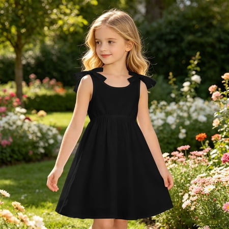 ZHOGXU Kids Girls Summer Dress Sleeveless Suspenders Round Neck Solid Color Lightweight Fashion Dresses For Casual Daily Wear Black 7-8 Years
