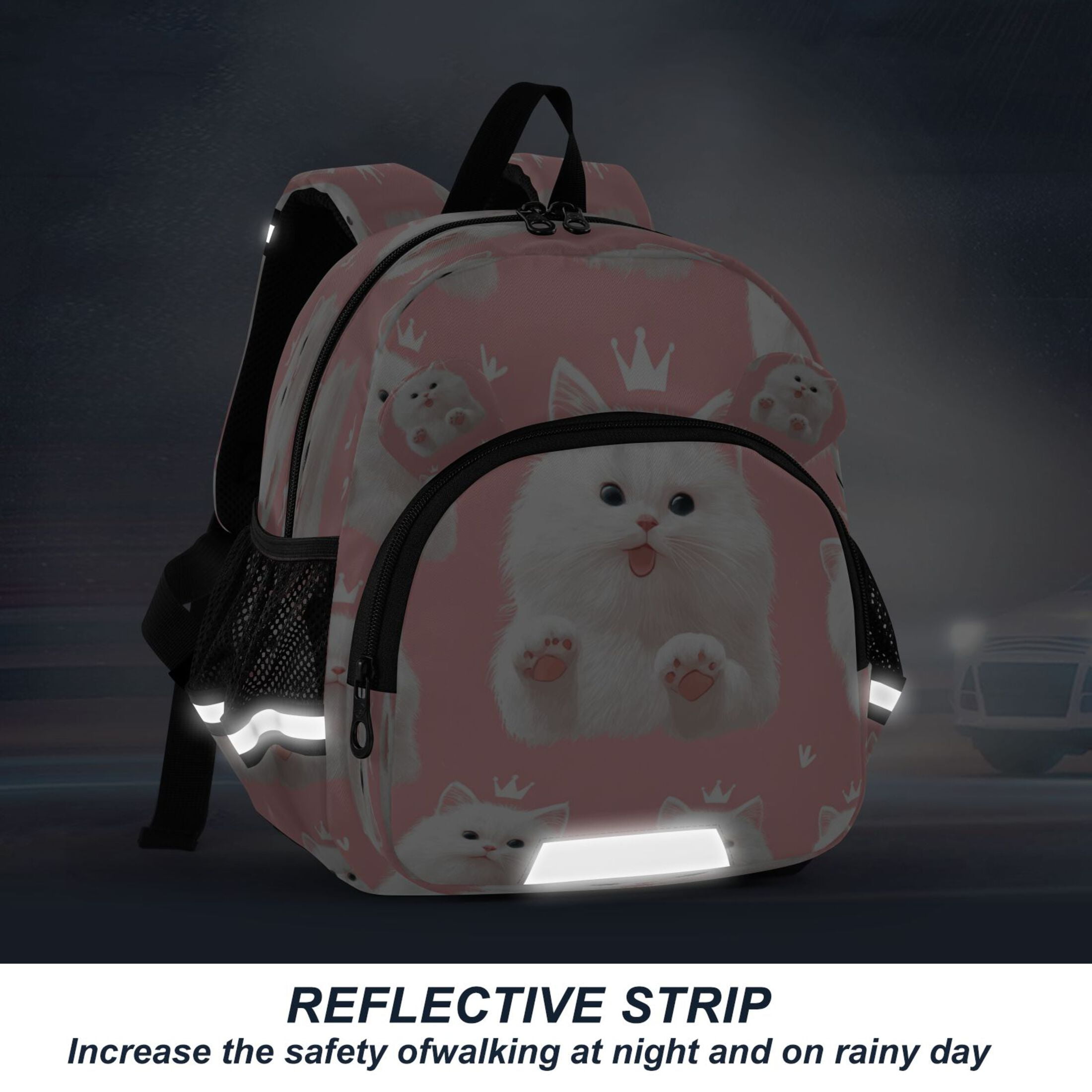 RMDQTR Adorable Ear-Print Backpack with Reflective Strip and Anti-Lost Leash Adjustable Shoulder Straps Mini Travel Backpack Happy White Cat Face