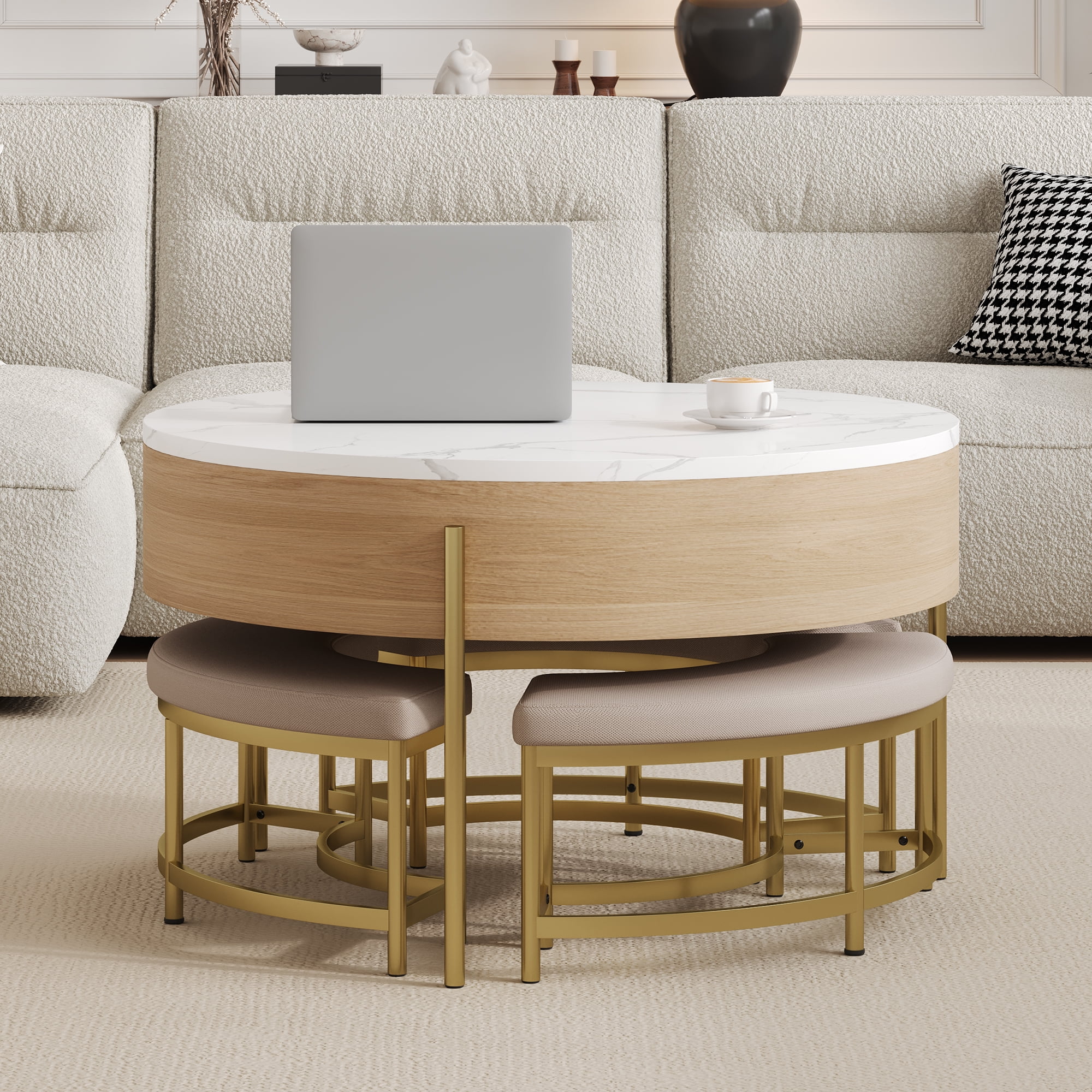 Harper & Bright Designs Round Lift-Top Coffee Table with Ottomans and Storage, Gold Center Table Set with Stools Underneath for Living Room, White & Natural