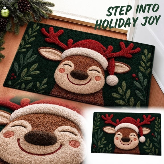 Merry Christmas Door Mats, 23.62x15.75 inch Cute Closed Eyes Reindeer Doormat, Non-Slip Printed Green Leaf Holiday Decor Floor Carpet for Indoor Outdoor Entryway Mudroom Bathroom Front Porch
