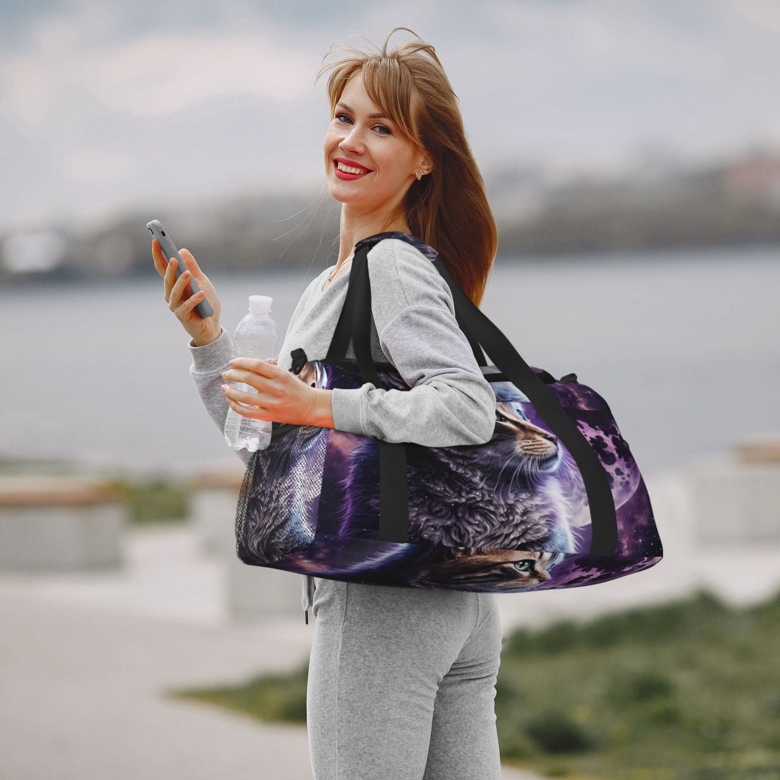 Fuzoiu Purple Moon Cat Print Travel Duffle Bag,Carry On Tote Bags,Duffel Bag,Sport Gym Bag, Hospital Bag for Labor and Delivery, Overnight Bag,Luggage Bag
