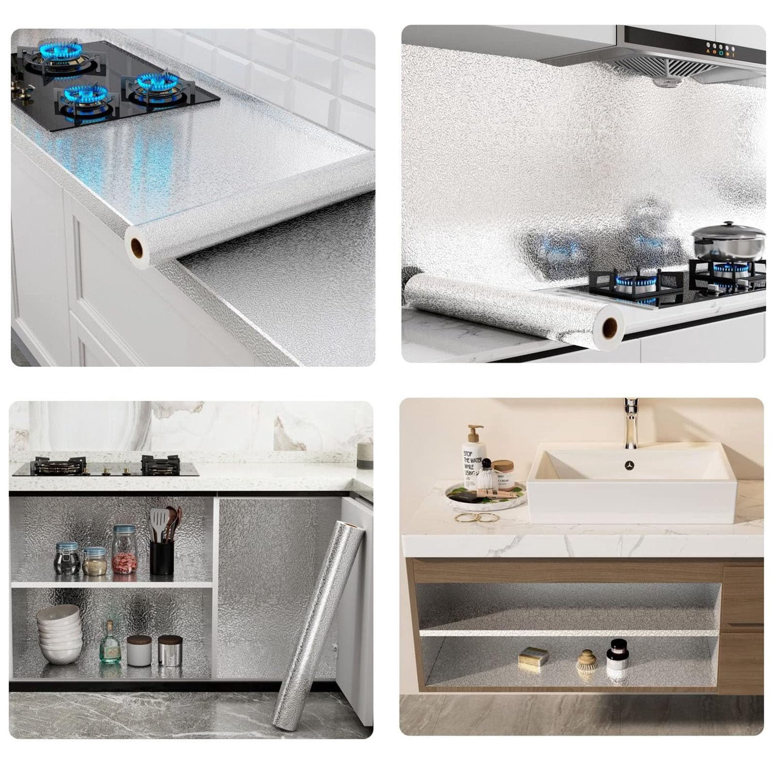 Peel and Stick Wallpaper, Waterproof Contact Paper for Kitchen Countertops Cabinets, Self-Adhesive Removable Aluminum Foil Sticker, Oil Proof Heat Resistant, Easy Clean (15.7"x394", Silver Texture)