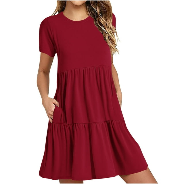 Pisexur Robes Midi pour Femmes 2024 Manches Courtes Col Rond Robes d'Été Mode Unie Fluide Décontractée Robe à Volants avec Poches