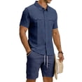 thumbnail image 2 of Men'S Short Sleeve Solid Color Workwear Button Down Shirt With Multiple Pockets And Cargo Shorts Set For Summer Casual Wear,Navy,XXL, 2 of 6