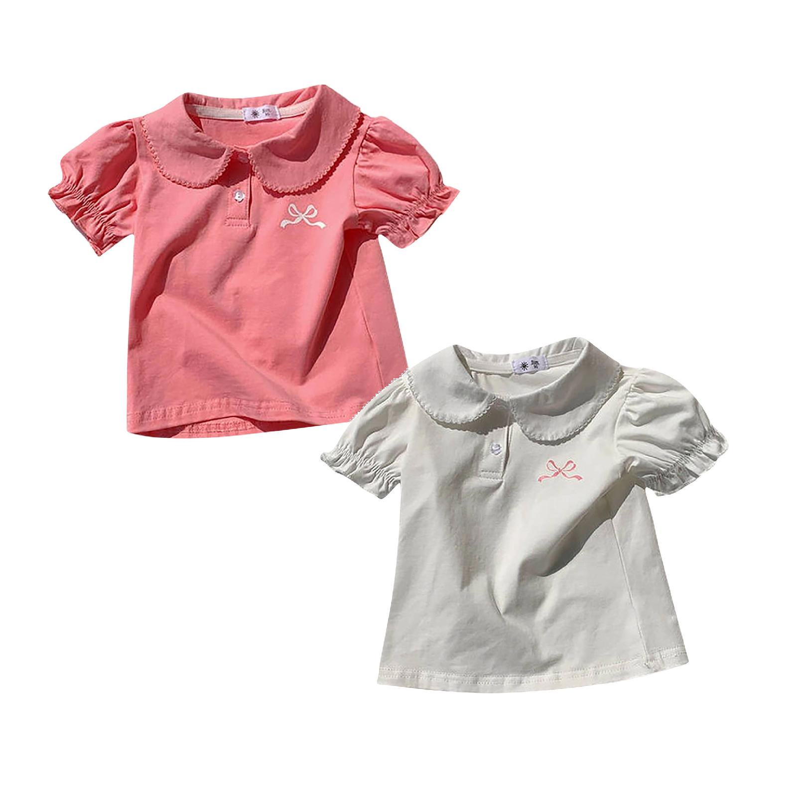 SGMVNU 2 Pack Girl s Summer Tops Puff Short Sleeve Doll Lapel Collar Casual Button up Tops for Toddler Baby Kids Size 7-8 Years White & Hot Pink