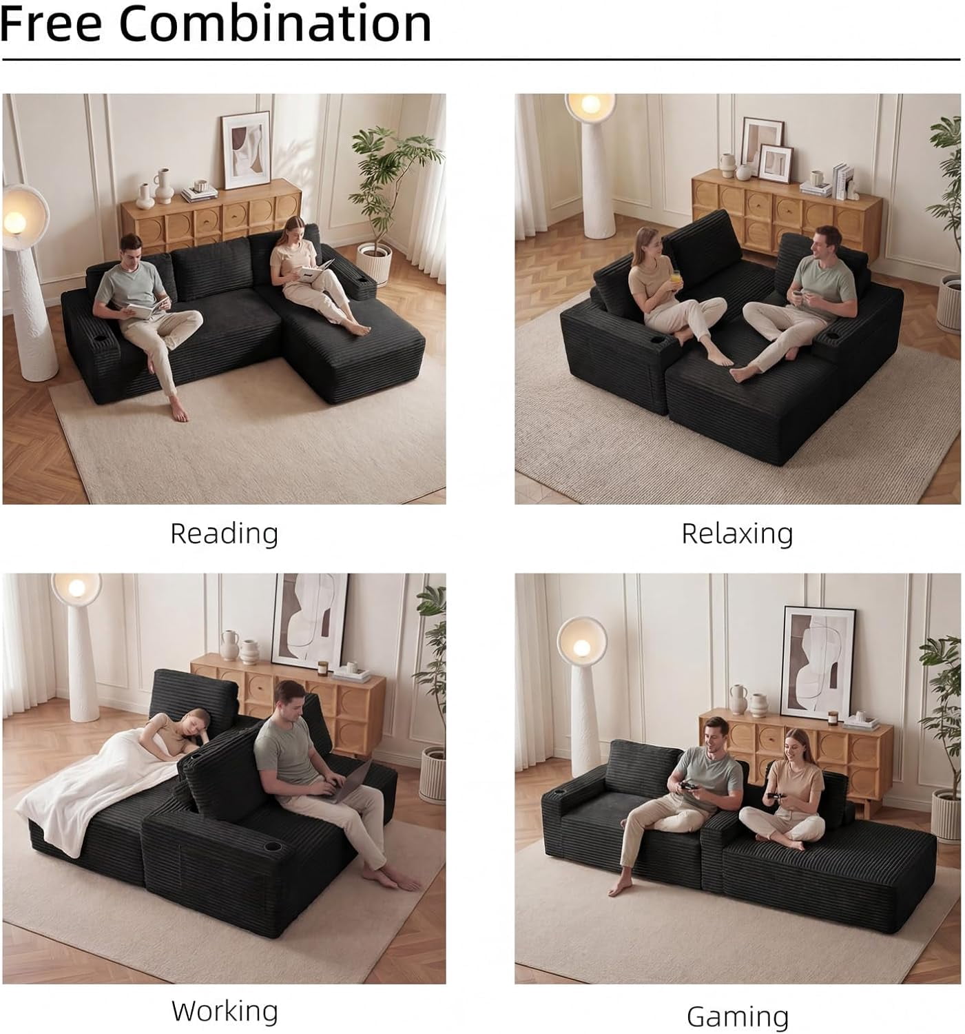 104" Cloud Modular Sectional Sofa, Corduroy Boneless L-Shape Chaise Couch with Deep Seat for Living Room Bedroom, No Assembly Required