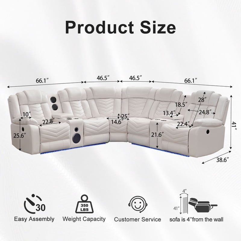 Power Reclining Sectional Sofa with Bluetooth Speakers,USB Ports,LED Lights,Cup Holders,Storage Console,Faux Leather Electric Corner L-Shaped Recliner Couch,5 Seater for Living Room White