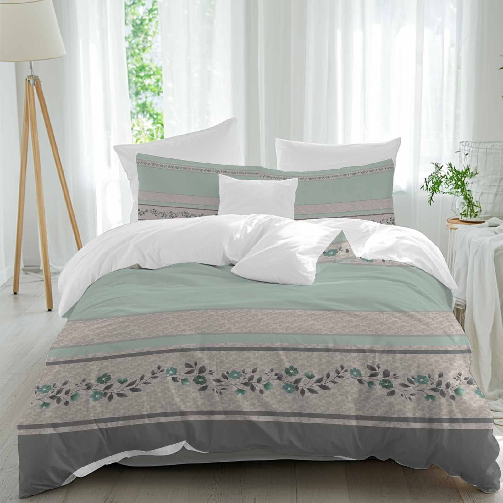 Turquoise Floral Bedding 3 Piece Duvet Cover Set Full Size, Modern Farmhouse Leaves Gray Striped Soft Microfiber Comforter Cover with Zipper Closure & Pillowcases, Wrinkle & FadeResistant Quilt Cover